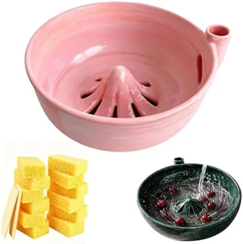 self spinning berry washing bowl ceramic fruit washer with drain holes handmade swirling stoneware strainer and colander for strawberries blueberries grapes vegetables blush pink